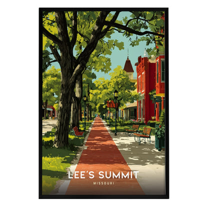 A vibrant illustration of Lees Summit, Missouri, featuring a red brick walkway lined with mature trees and classic streetlamps. Historic red brick storefronts are visible on either side, creating a charming small-town atmosphere.