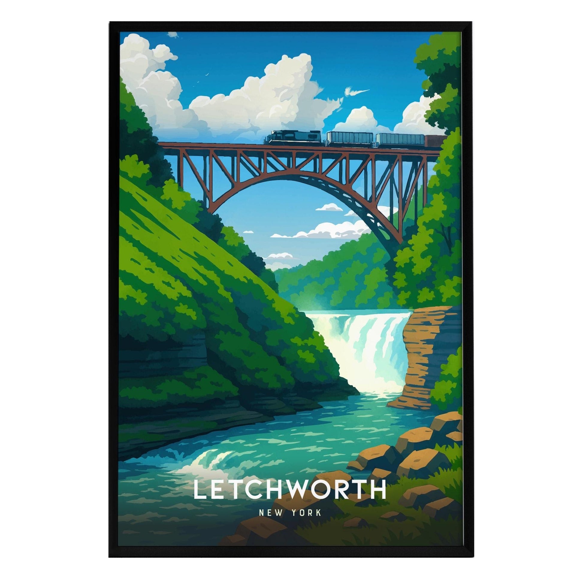 A vibrant poster depicting Letchworth State Park, showcasing a red railroad bridge arching over a lush green gorge. Below, the Genesee River flows past a stunning waterfall, surrounded by forested cliffs under a bright blue sky.