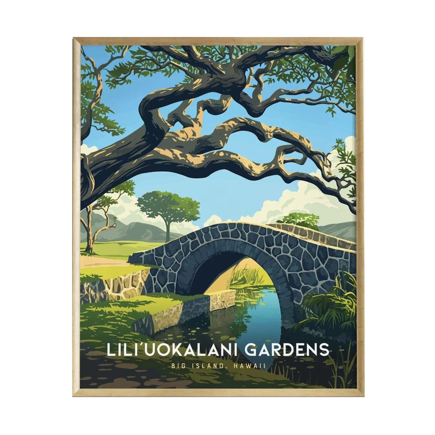 A beautifully illustrated poster of Liliuokalani Gardens in Hilo, Hawaii, showcasing a stone bridge arching over a serene pond.