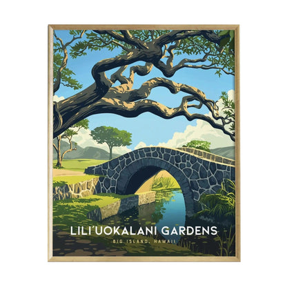 A beautifully illustrated poster of Liliuokalani Gardens in Hilo, Hawaii, showcasing a stone bridge arching over a serene pond.
