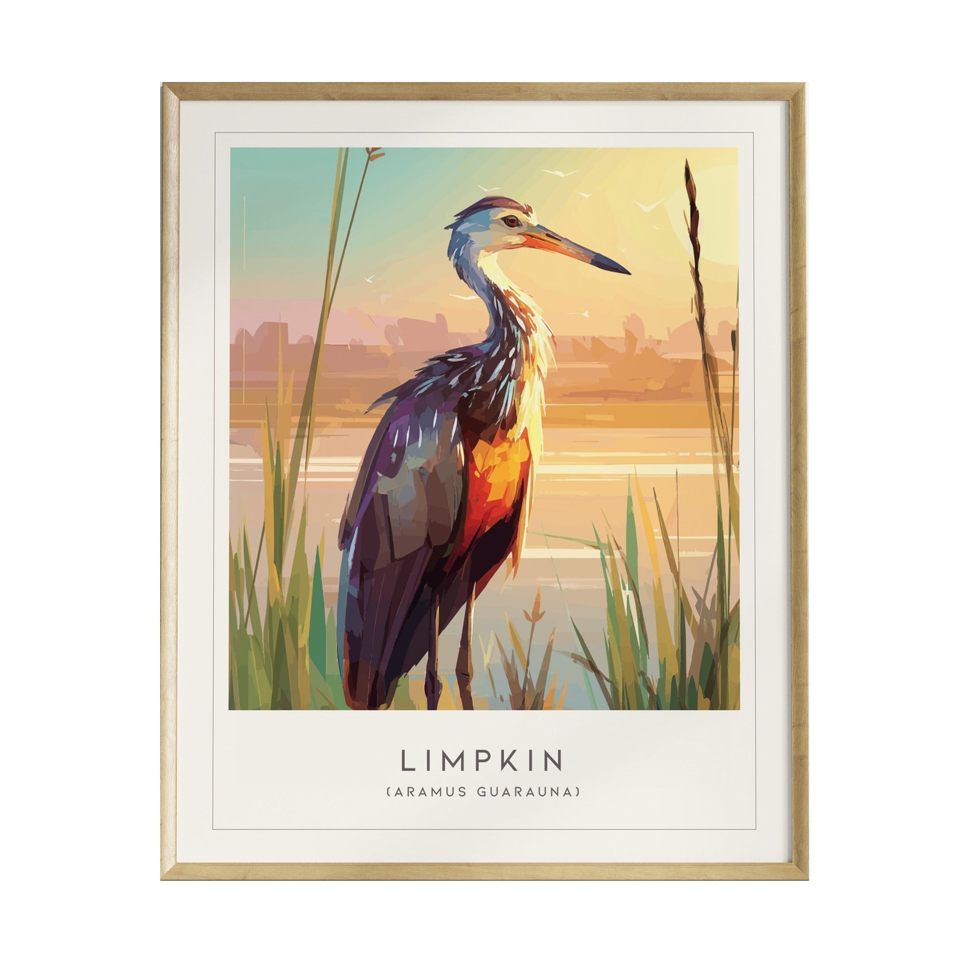 A vibrant illustration of a limpkin bird standing gracefully in shallow waters, surrounded by tall marsh grasses.