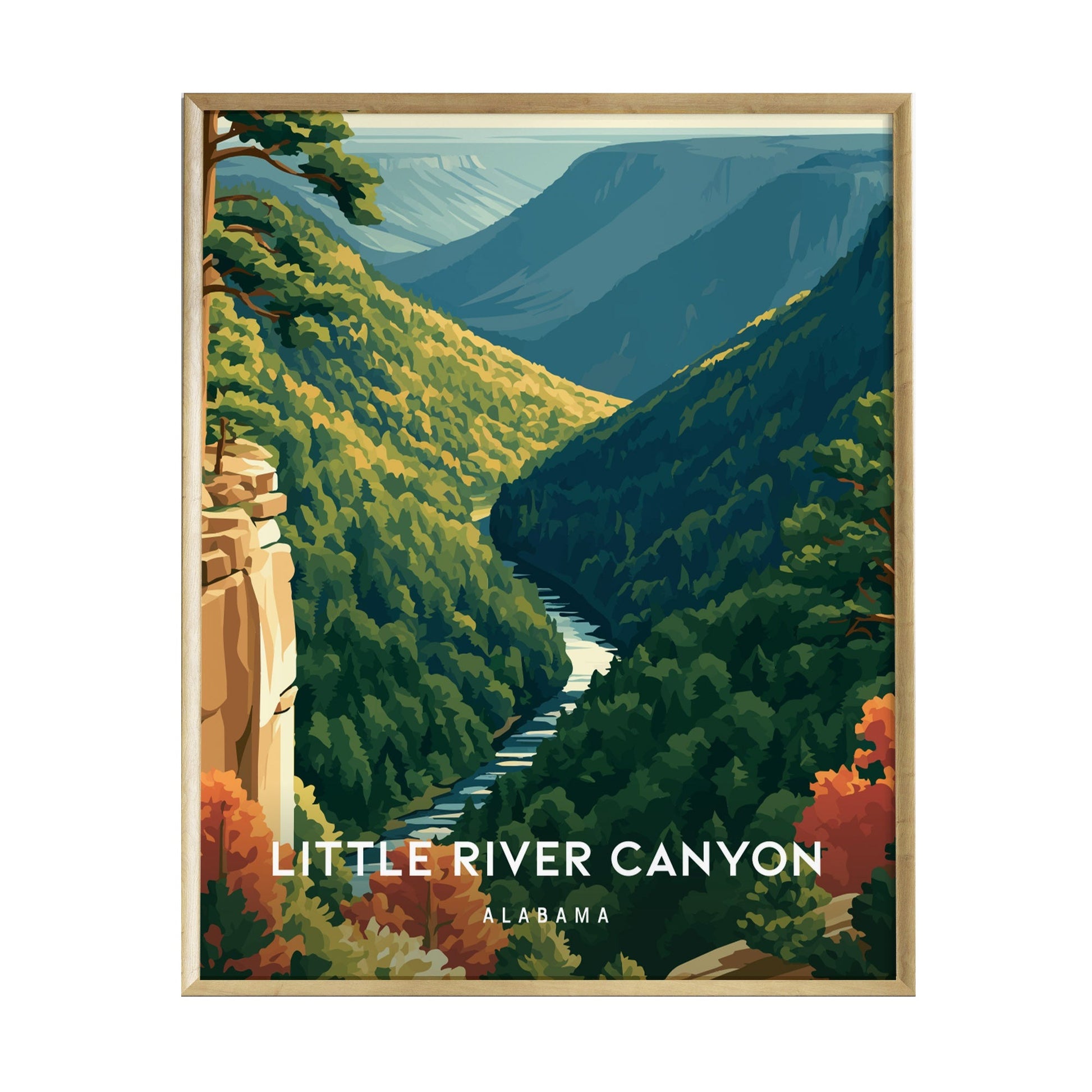 A vibrant illustration of Little River Canyon in Alabama, showcasing lush green forest bluffs and steep cliffs.