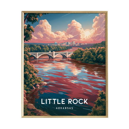 A colorful illustration of the Little Rock skyline at sunset, featuring vibrant clouds reflecting in the Arkansas River. The iconic Junction Bridge spans the river, framed by lush trees and the text LITTLE ROCK, ARKANSAS at the bottom.