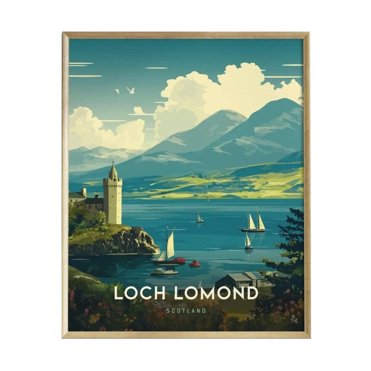 A vibrant illustration of Loch Lomond features a scenic landscape with mountains in the background, a castle on the shore, and sailboats on the water. The artwork is framed and includes the text Loch Lomond and Scotland at the bottom.