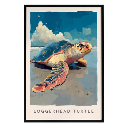 A vibrant illustration of a loggerhead sea turtle resting on a sandy beach, showcasing its textured shell and warm-toned scales. The background features a bright blue sky with fluffy clouds, creating a serene coastal atmosphere.