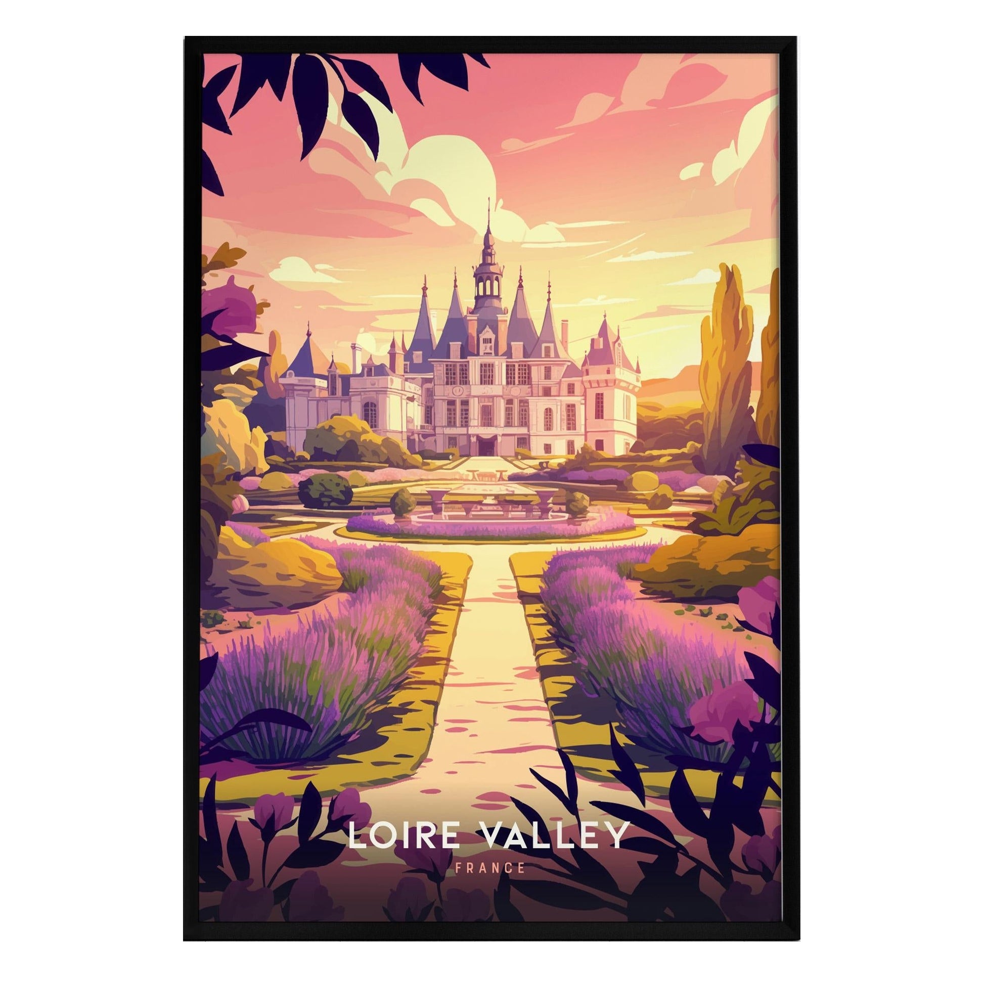 A vibrant illustration of a château in the Loire Valley, surrounded by lush gardens and rows of lavender. The scene is bathed in warm evening light, with a colorful sky and detailed foliage enhancing the romantic French countryside charm.