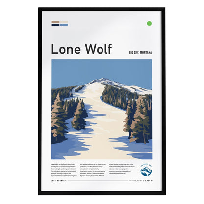 A framed poster titled Lone Wolf depicts a serene winter landscape of a ski run at Big Sky, Montana, featuring gentle slopes, snow-covered trees, and Lone Mountain in the background.