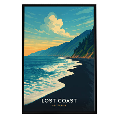 A vibrant vintage poster depicting the Lost Coast of California, featuring rugged cliffs, rolling waves, and a colorful sunset sky.