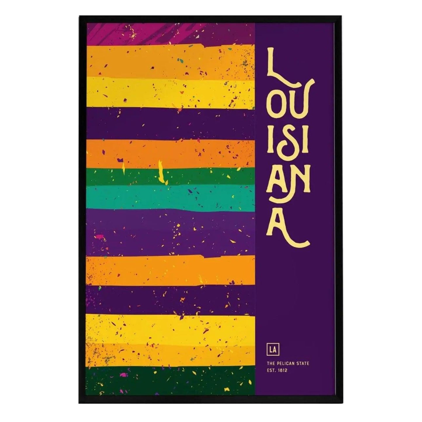 A colorful Louisiana poster featuring bold stripes in purple, gold, and green, with the word LOUISIANA prominently displayed in a stylish font.