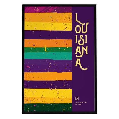 A colorful Louisiana poster featuring bold stripes in purple, gold, and green, with the word LOUISIANA prominently displayed in a stylish font.