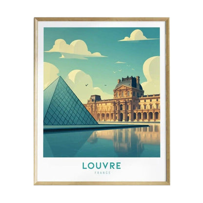 A stylized illustration of the Louvre Museum in Paris features the iconic glass pyramid in the foreground, with the classical façade of the museum in the background.