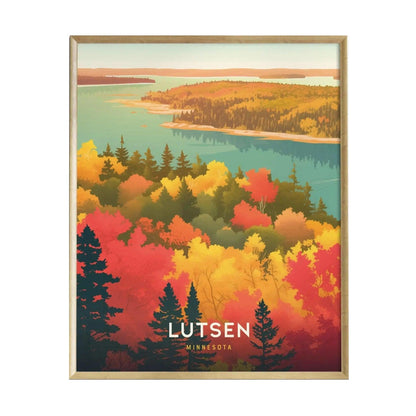 A vibrant poster featuring a scenic view of Lutsen, Minnesota, showcasing colorful autumn foliage with shades of red, orange, and yellow trees. Lake Superior is visible in the background, framed by rolling hills and a clear blue sky.