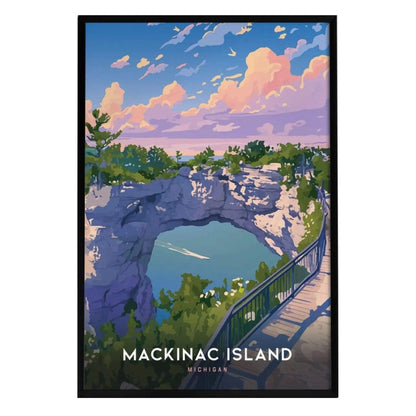 A vibrant illustration of Mackinac Islands Arch Rock, showcasing the limestone formation against a colorful sky filled with clouds.