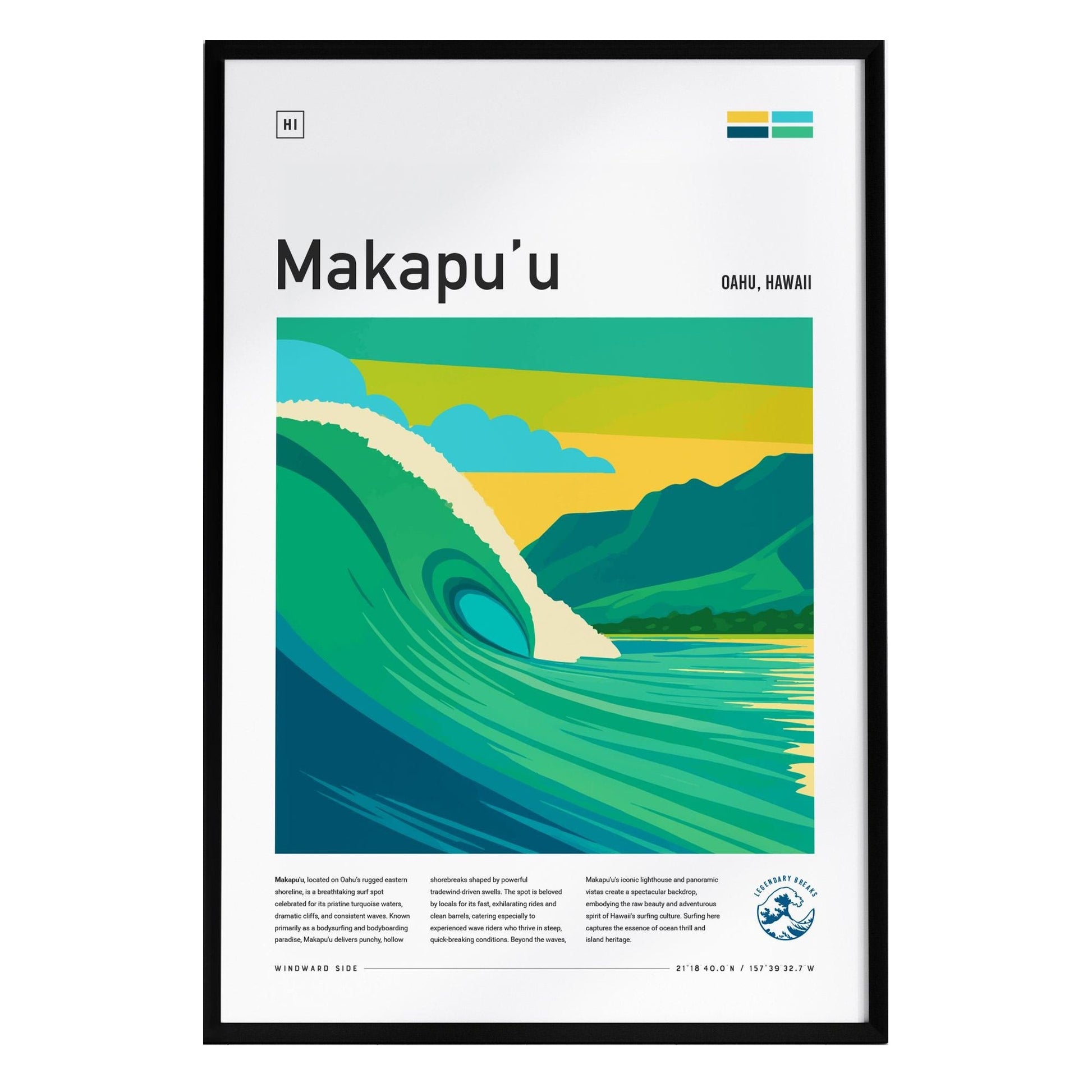 A vibrant surf poster featuring a stylized wave at Makapuu, Oahu, with lush green mountains in the background and a clear blue sky. The composition includes modern graphic elements and text highlighting the location.