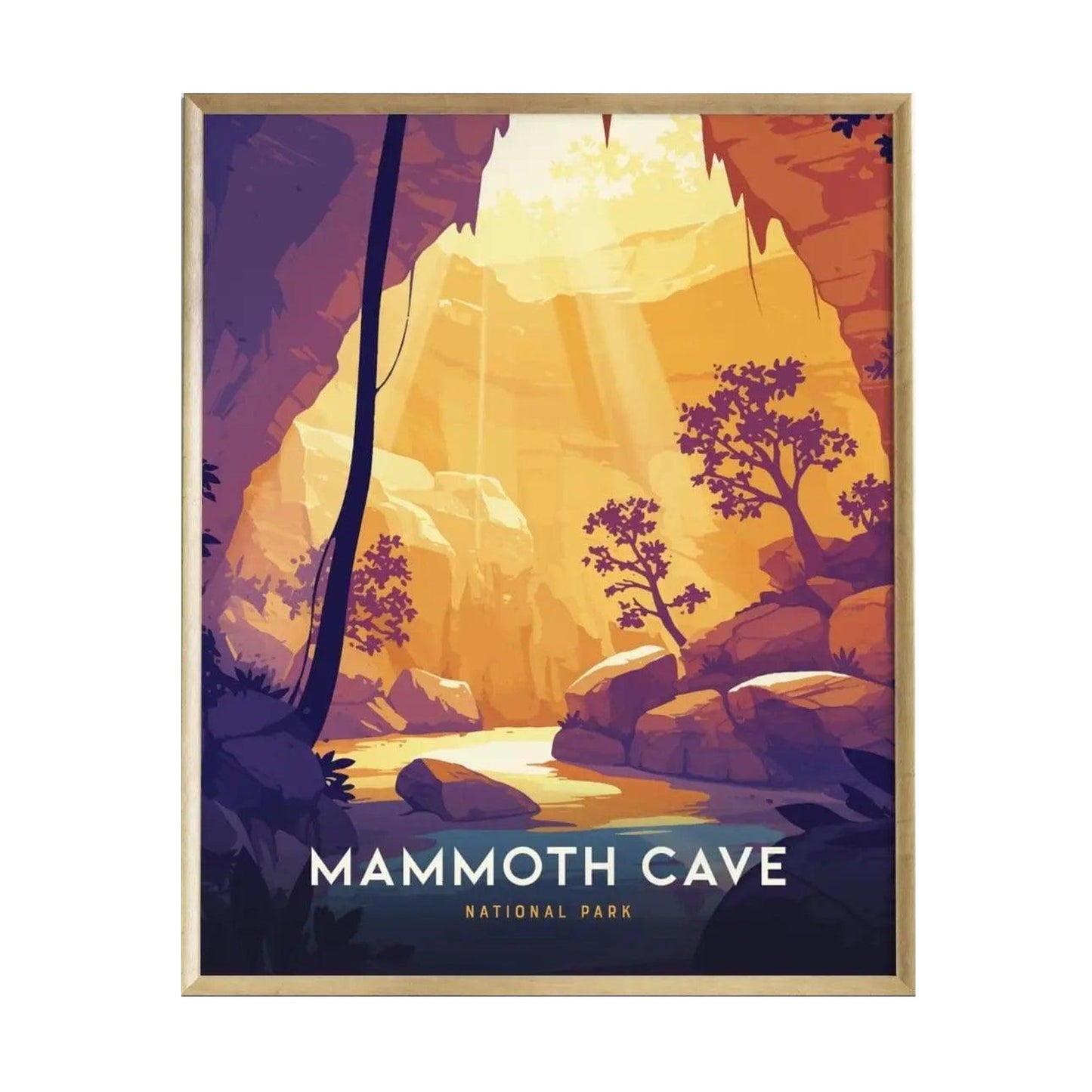 A vibrant poster of Mammoth Cave National Park features a stylized illustration of sunlight streaming into a cavern, illuminating rock formations and lush trees.
