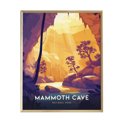 A vibrant poster of Mammoth Cave National Park features a stylized illustration of sunlight streaming into a cavern, illuminating rock formations and lush trees.