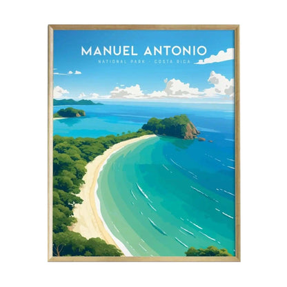 A vibrant poster depicting Manuel Antonio National Park in Costa Rica, featuring a picturesque beach with white sand and turquoise waters, surrounded by lush green forests and a clear blue sky.