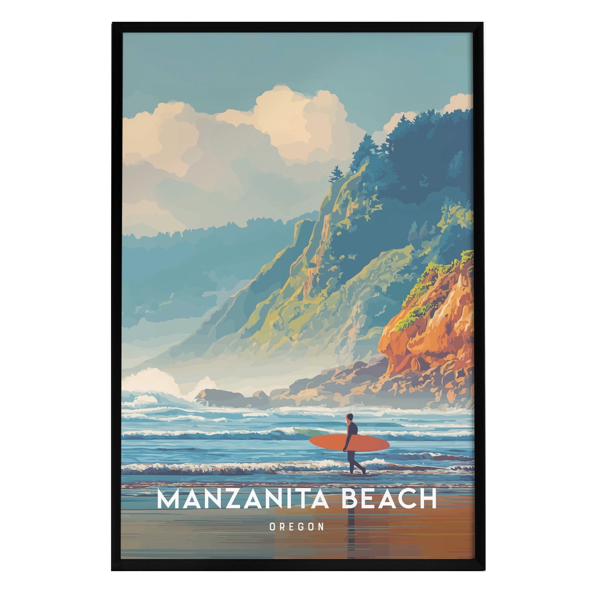 A vibrant illustration of Manzanita Beach, Oregon, featuring a lone surfer holding a bright orange surfboard while standing in the foamy surf. The backdrop showcases a stunning coastal landscape with lush green hills and a clear blue sky.