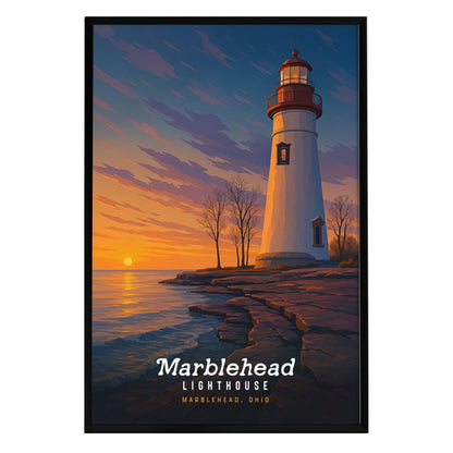 A colorful illustration of the Marblehead Lighthouse at sunset, featuring the white tower with a red lantern. The calm waters of Lake Erie reflect the vibrant sky, while trees frame the scene, creating a serene coastal atmosphere.