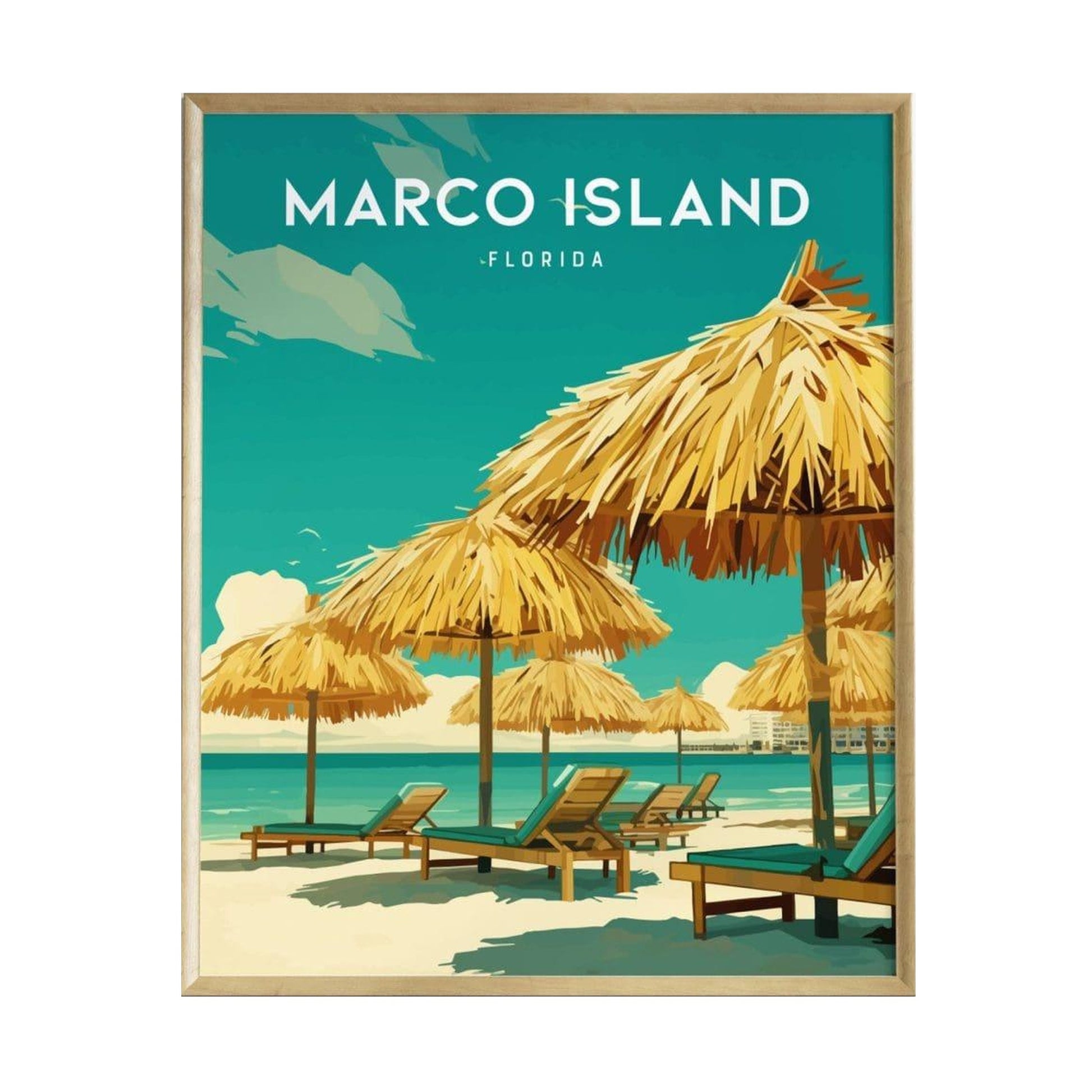 A vibrant poster featuring a tropical scene from Marco Island, Florida, showcases thatched umbrellas and lounge chairs on a sandy beach.