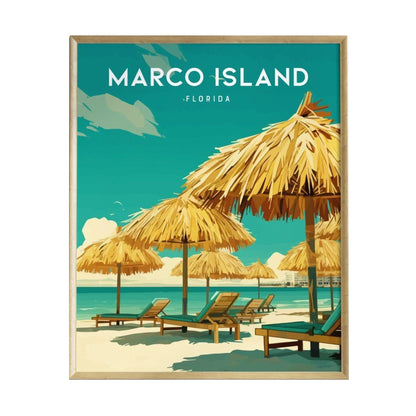 A vibrant poster featuring a tropical scene from Marco Island, Florida, showcases thatched umbrellas and lounge chairs on a sandy beach.