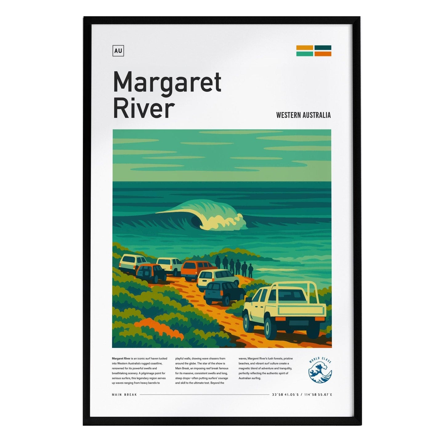 A framed poster featuring a vibrant illustration of Margaret River, Western Australia, showcasing rolling waves and a coastal landscape.