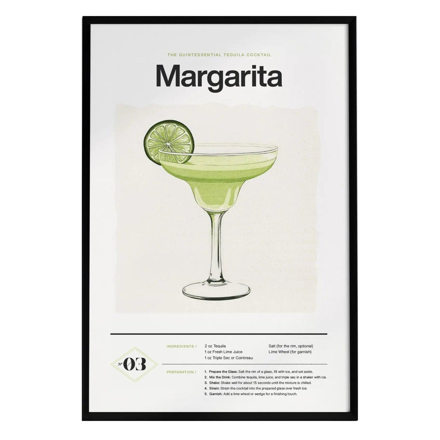 A framed poster featuring an illustration of a Margarita cocktail in a classic glass, garnished with a lime slice.