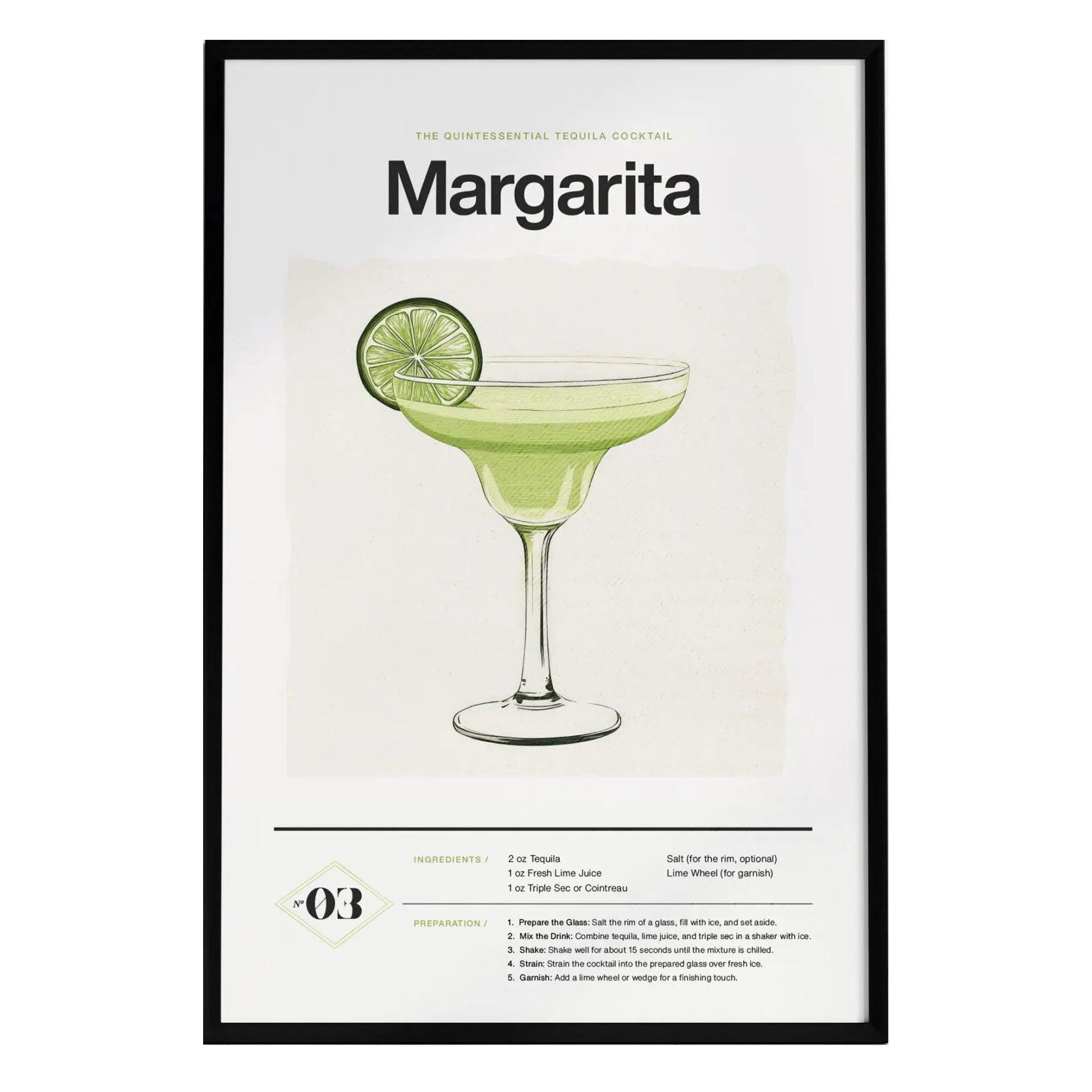 A framed poster featuring an illustration of a Margarita cocktail in a classic glass, garnished with a lime slice.