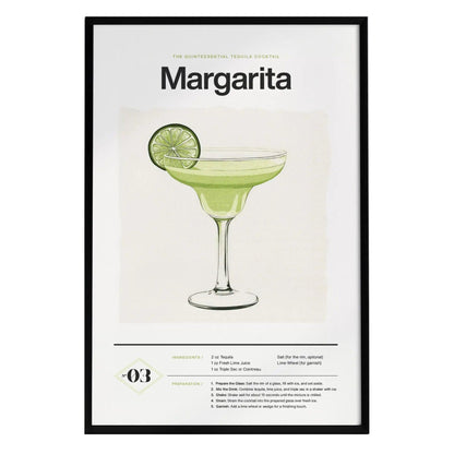 A framed poster featuring an illustration of a Margarita cocktail in a classic glass, garnished with a lime slice.
