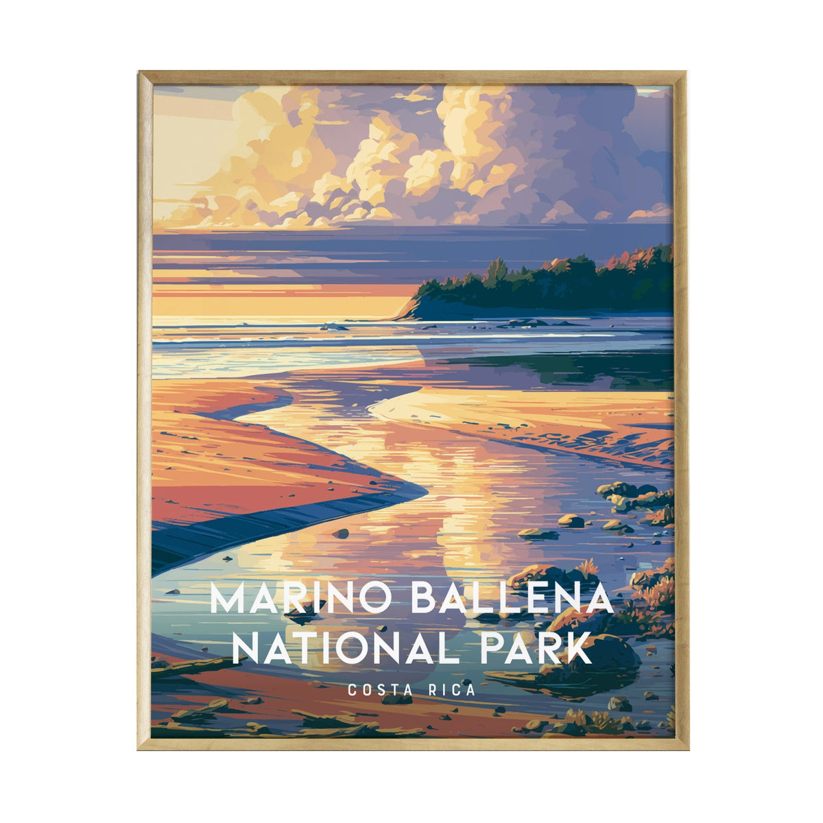 A vibrant poster depicting the serene landscape of Marino Ballena National Park in Costa Rica, featuring a colorful sunset over calm waters, with reflections on the sandy beach and lush greenery in the background.