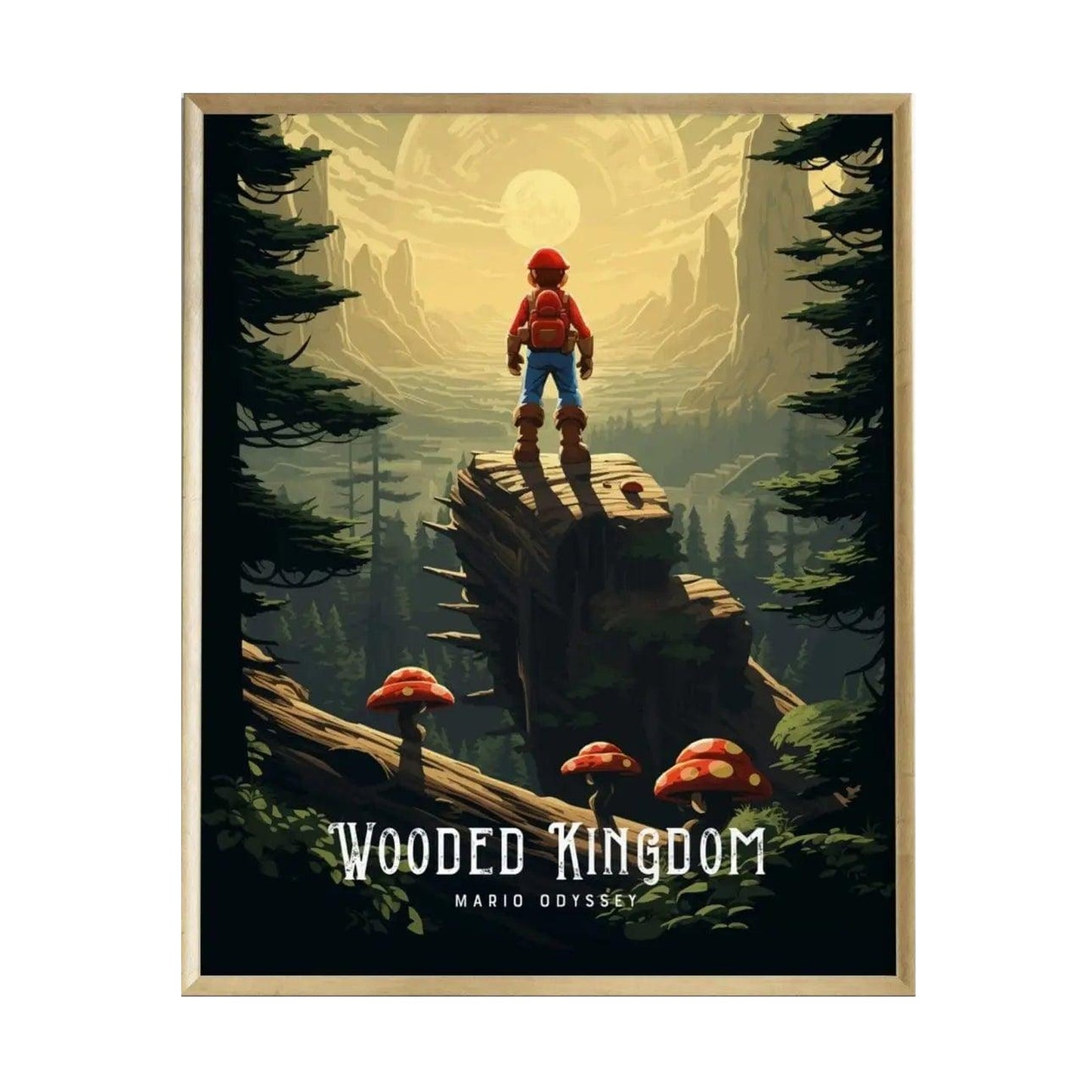 A vibrant poster featuring a character resembling a plumber standing on a rocky outcrop in a lush forest. The background showcases towering mountains and a serene landscape with oversized mushrooms, highlighted by a glowing sunset.