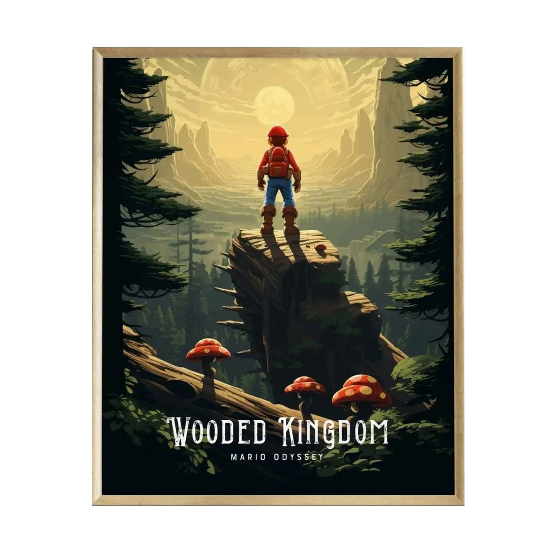 A vibrant poster featuring a character resembling a plumber standing on a rocky outcrop in a lush forest. The background showcases towering mountains and a serene landscape with oversized mushrooms, highlighted by a glowing sunset.