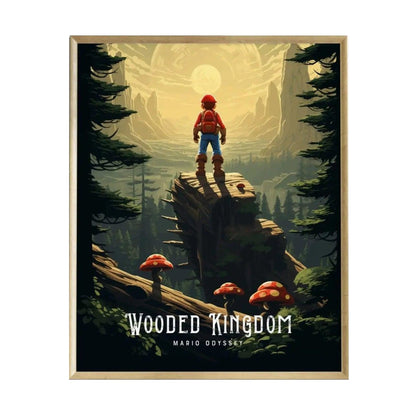 A vibrant poster featuring a character resembling a plumber standing on a rocky outcrop in a lush forest. The background showcases towering mountains and a serene landscape with oversized mushrooms, highlighted by a glowing sunset.