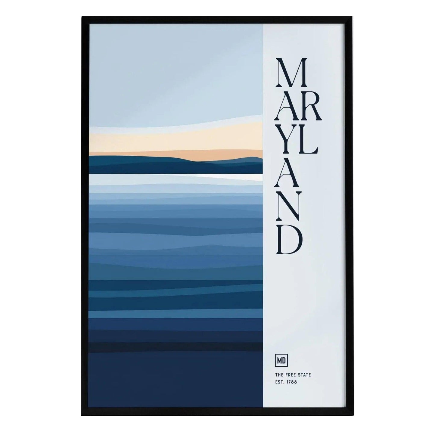 A minimalist Maryland poster features a stylized state silhouette with horizontal bands of blue and beige, representing the Chesapeake Bay.