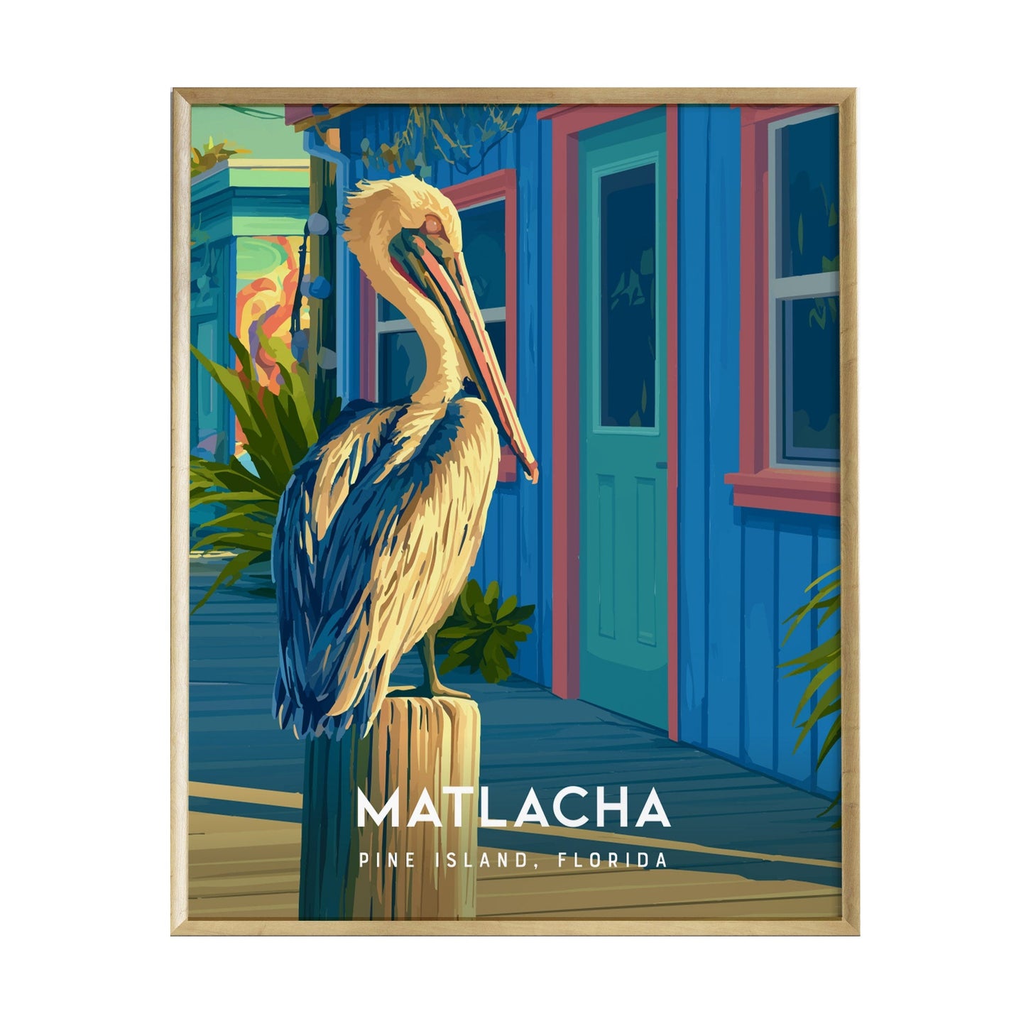 A colorful illustration featuring a pelican perched on a wooden post in front of vibrant blue and pink cottages in Matlacha, Florida. The scene captures the coastal charm and lively atmosphere of the island village.