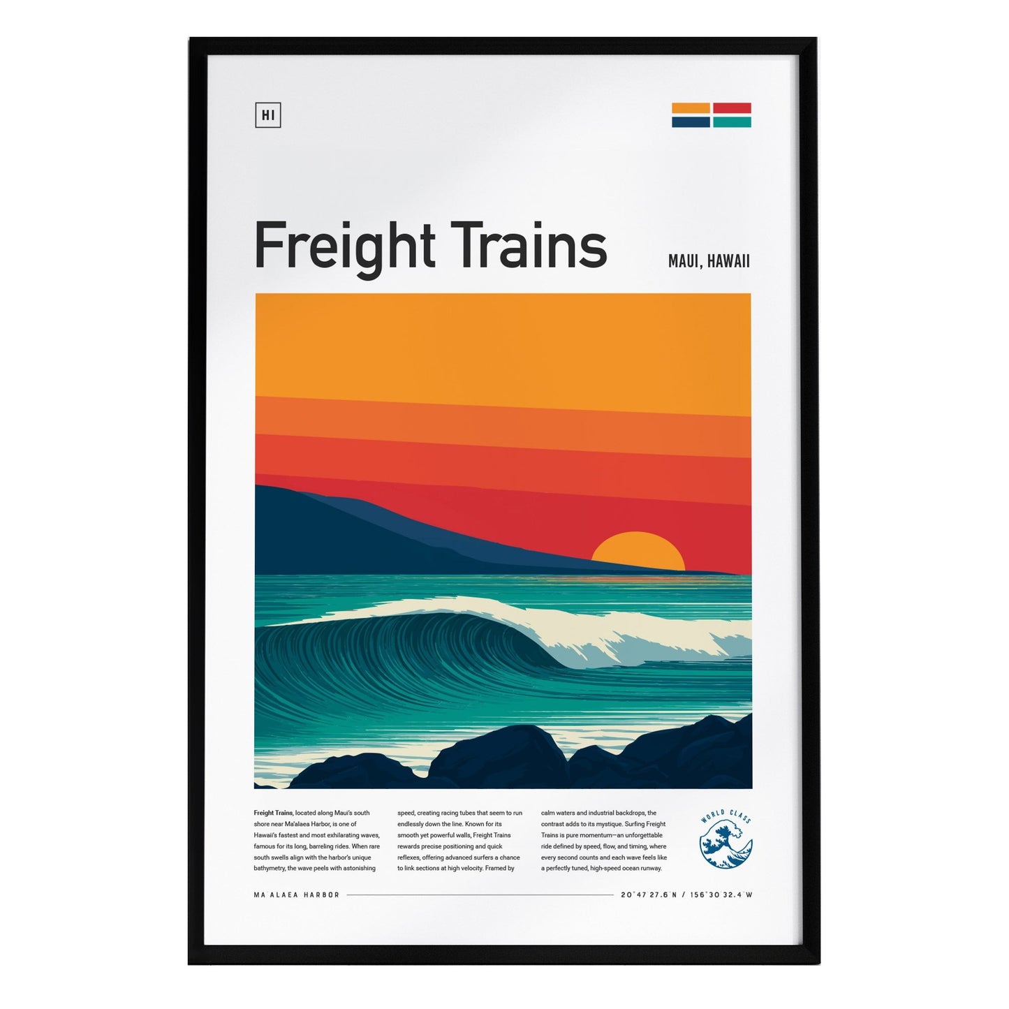A framed poster titled Freight Trains showcases a stylized illustration of a wave crashing against dark rocks, set against a vibrant sunset in hues of orange and red.