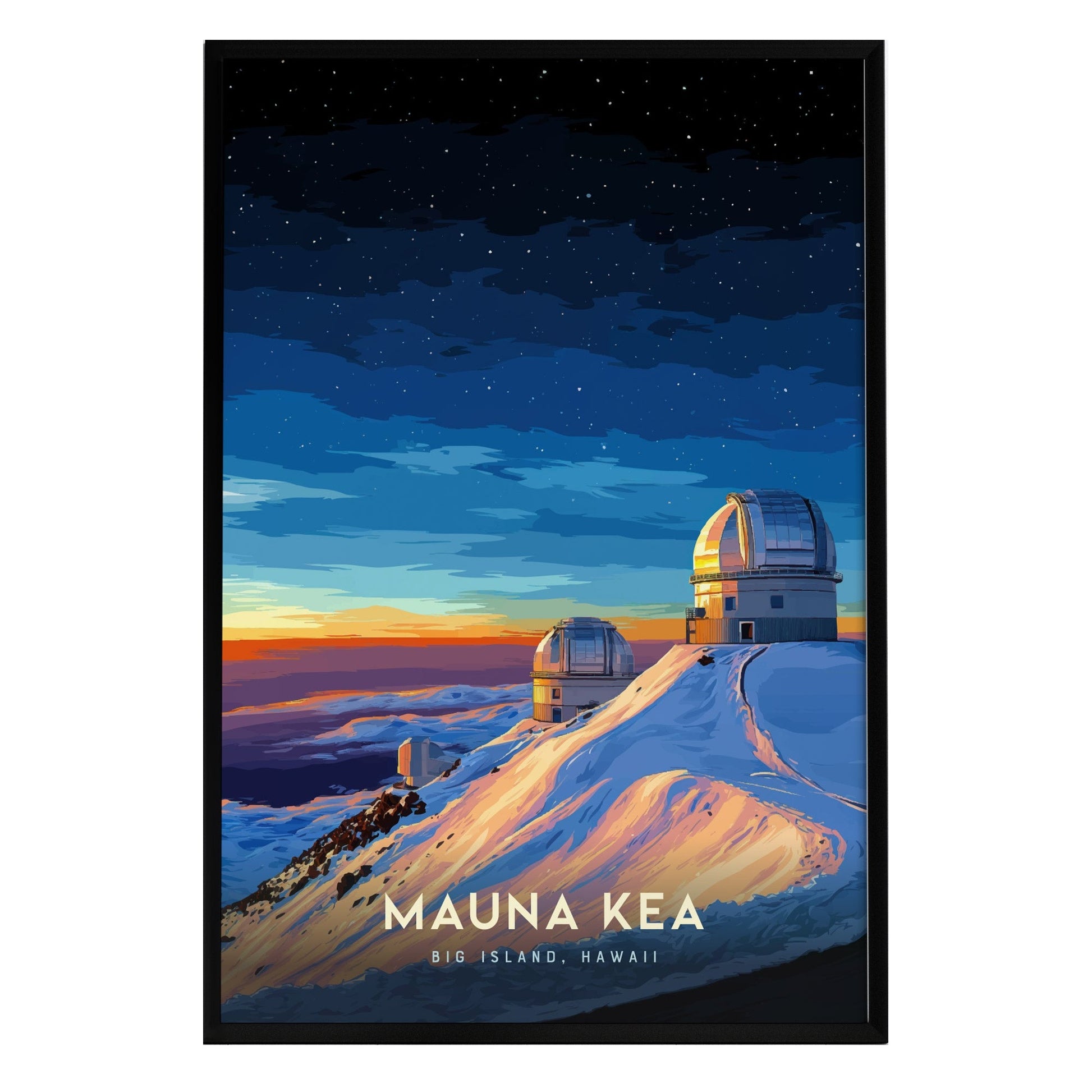 A vibrant poster depicting the Mauna Kea Observatories on the Big Island of Hawaii, featuring snow-covered cinder cones and two observatory domes under a star-filled sky at sunset.