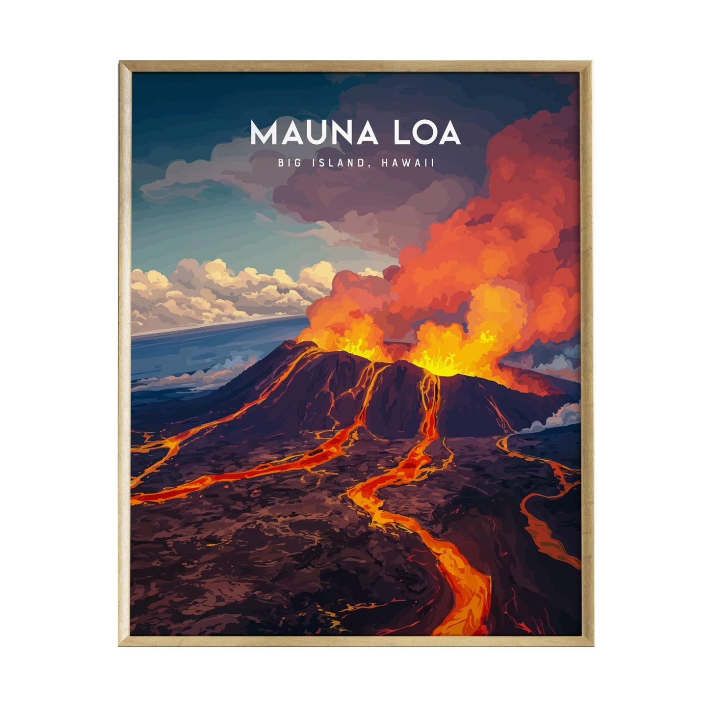 A vibrant poster of Mauna Loa Volcano, showcasing its erupting lava and smoke against a dramatic sky. The artwork features bold colors and a modern design, highlighting the volcanic landscape of Big Island, Hawaii.