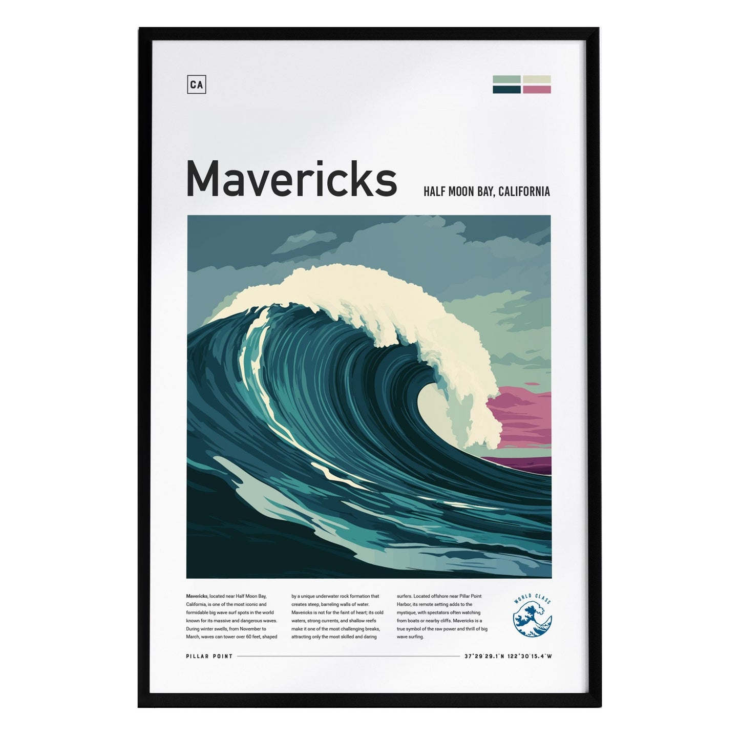 A vibrant surf poster featuring a large, curling wave representing Mavericks at Half Moon Bay, California. The artwork showcases bold colors and modern design elements, with informative text detailing the surf spots significance.