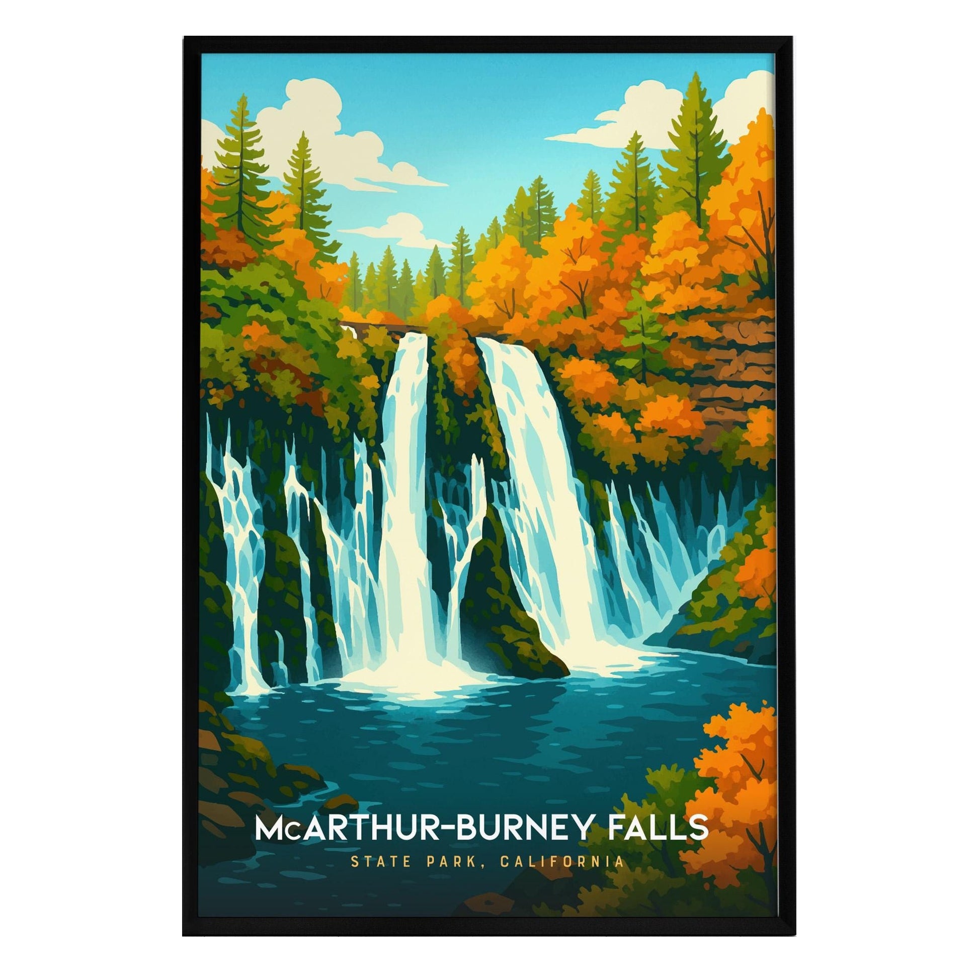 A vibrant poster of McArthur-Burney Falls features cascading waterfalls surrounded by lush green trees and autumn-colored foliage.