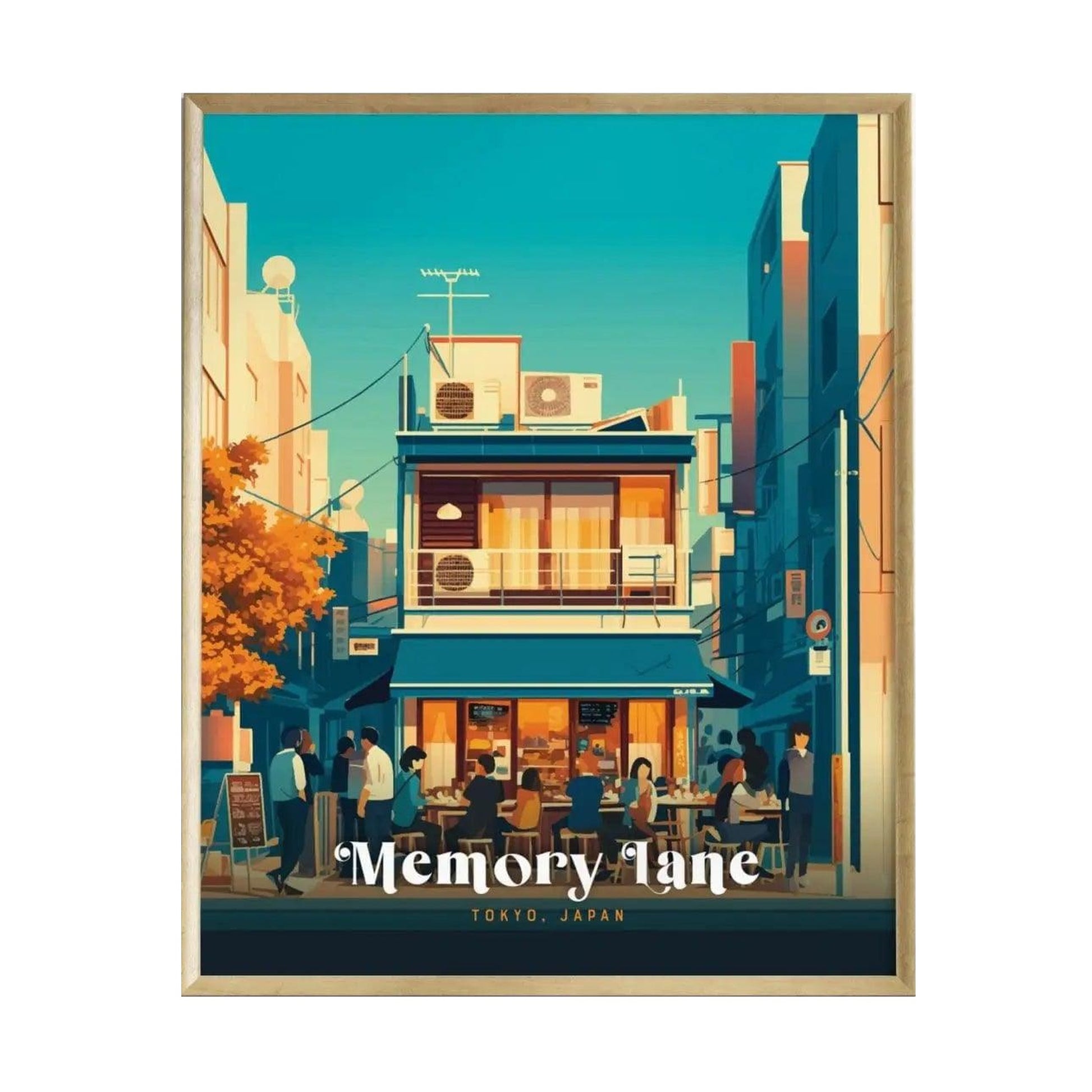 A vibrant illustration of a bustling street scene in Tokyo, showcasing people enjoying outdoor dining at a café beneath a striking blue sky. The poster features the text Memory Lane prominently at the bottom, adding a touch of urban charm.