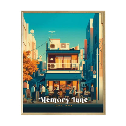 A vibrant illustration of a bustling street scene in Tokyo, showcasing people enjoying outdoor dining at a café beneath a striking blue sky. The poster features the text Memory Lane prominently at the bottom, adding a touch of urban charm.