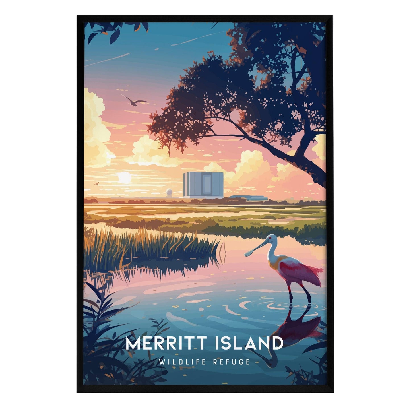 A vibrant illustration of Merritt Island National Wildlife Refuge features a sunset with pink and orange hues reflecting on calm water. A roseate spoonbill stands gracefully in the foreground, surrounded by lush greenery and wetlands.