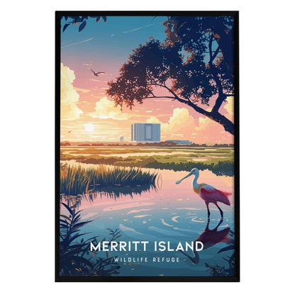 A vibrant illustration of Merritt Island National Wildlife Refuge features a sunset with pink and orange hues reflecting on calm water. A roseate spoonbill stands gracefully in the foreground, surrounded by lush greenery and wetlands.