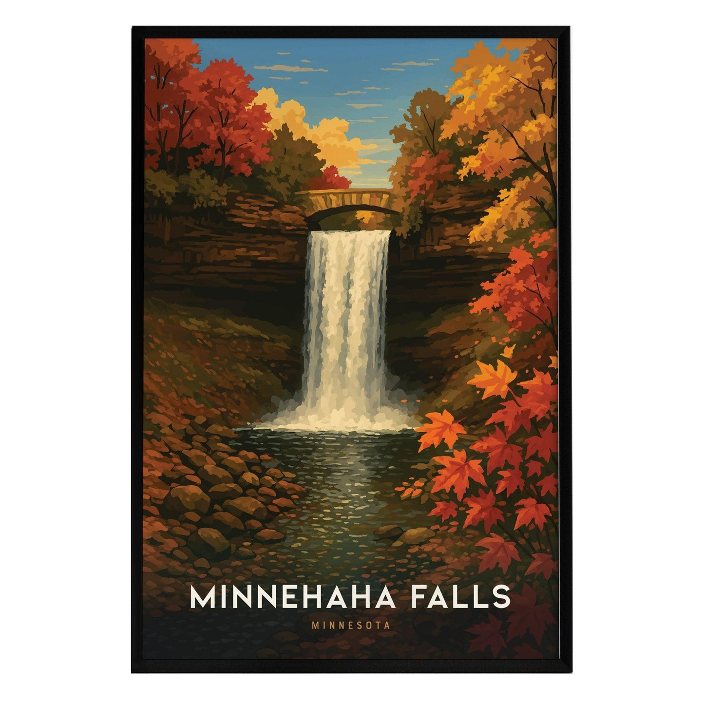 A vibrant poster depicting Minnehaha Falls in Minneapolis, Minnesota, surrounded by autumn foliage in shades of red and orange.
