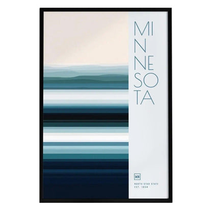 A minimalist poster featuring horizontal stripes in various shades of blue and white, with the word MINNESOTA prominently displayed in modern typography. The design highlights the North Star States essence and aesthetic appeal.