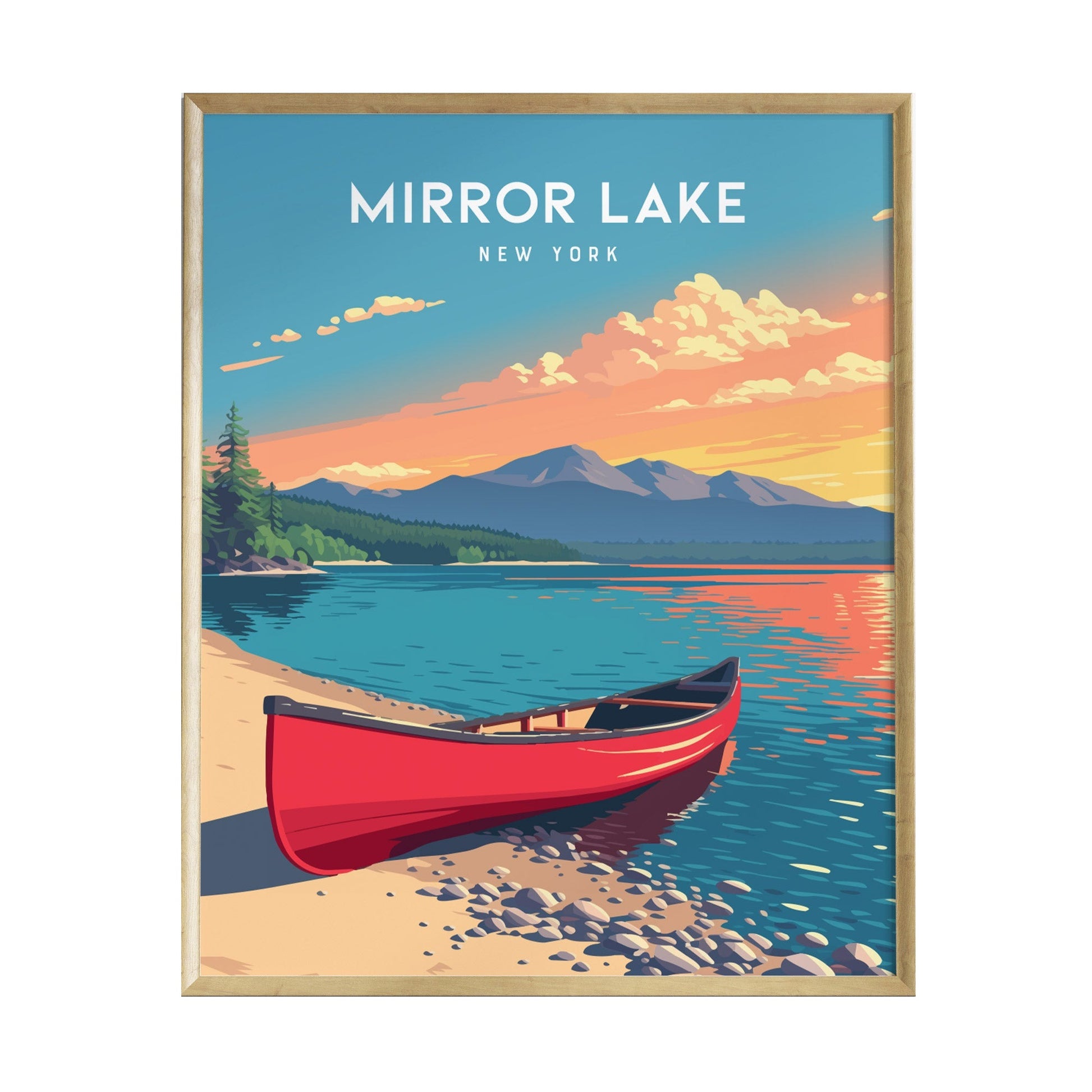 A vibrant poster of Mirror Lake, New York, features a bright red canoe on a sandy shore, with lush green trees and majestic mountains in the background.