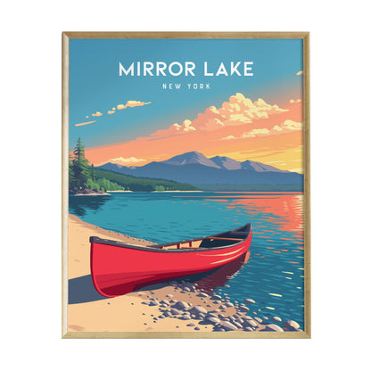 A vibrant poster of Mirror Lake, New York, features a bright red canoe on a sandy shore, with lush green trees and majestic mountains in the background.