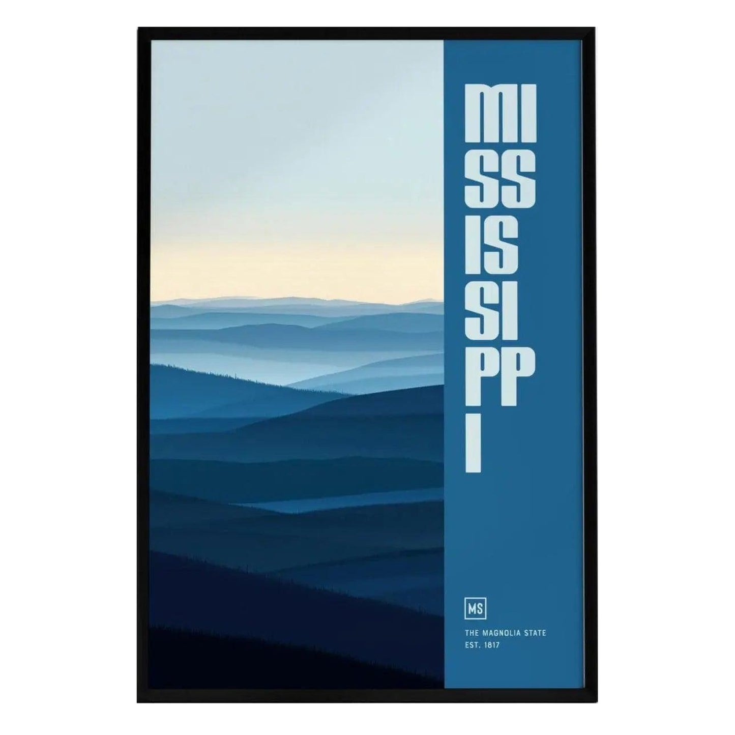 A minimalist poster featuring the word MISSISSIPPI in bold white letters against a gradient blue background depicting rolling hills and mountains. The design emphasizes clean lines and a serene color palette.