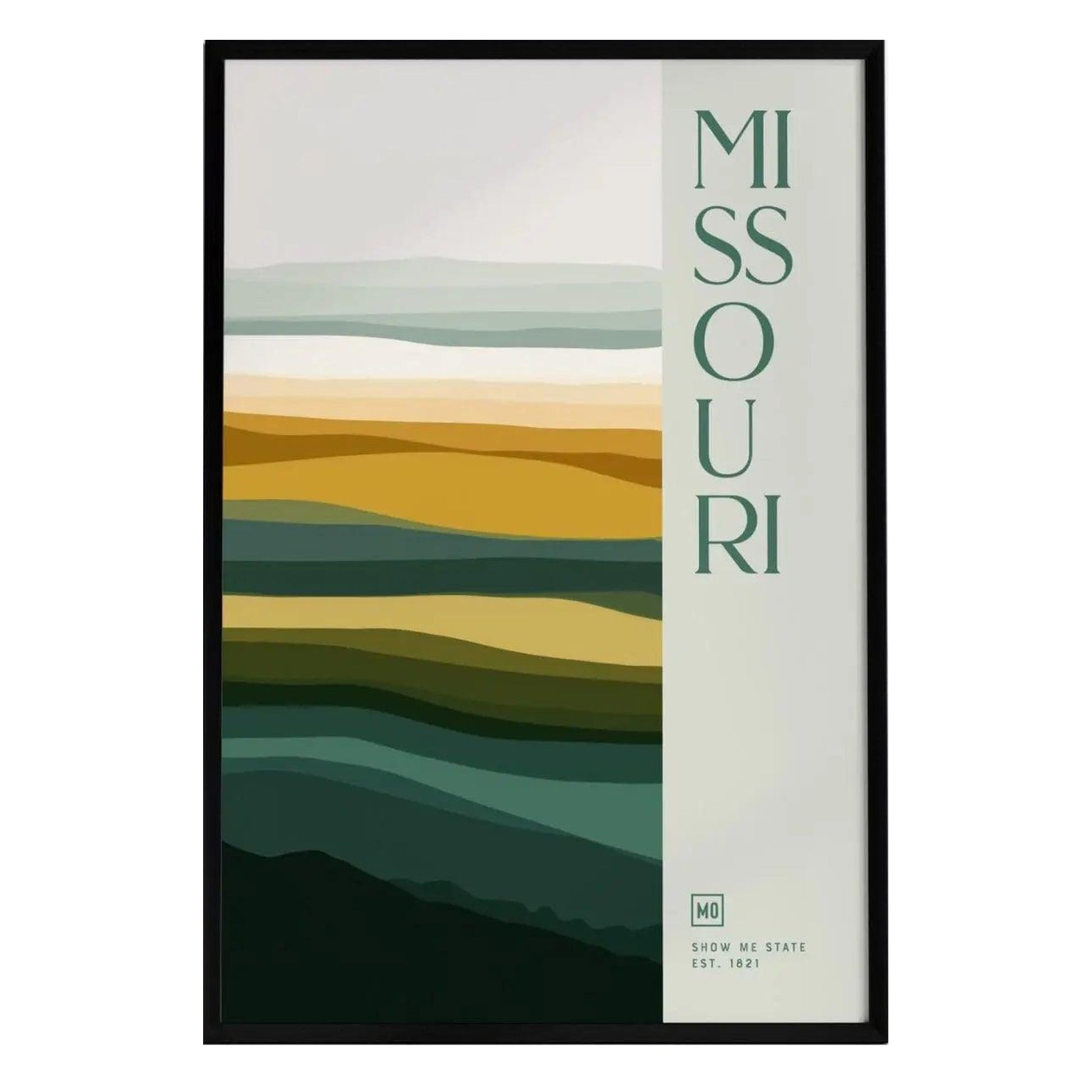 A minimalist poster featuring abstract, wavy stripes in shades of green, yellow, and cream, with the word MISSOURI prominently displayed in bold green letters. The design includes the state abbreviation MO and SHOW ME STATE EST.